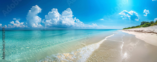 Wide-angle shot of a tranquil beach with white foam on the shore, vivid turquoise waters, and fluffy clouds in a clear blue sky ,Panoramic Serenity Tropical Beachscape 