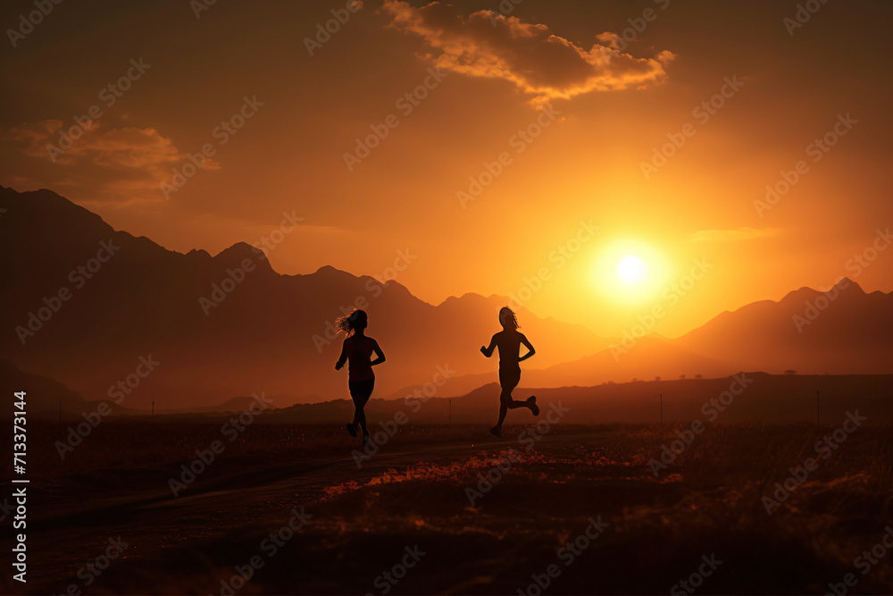 silhouette of man and woman jogging with sunset over the field, selective focus


