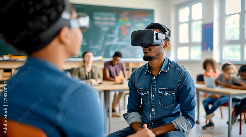 Photograph of one man in a school classroom wearing a VR headset. Photograph of one man in a school classroom wearing a VR headset.