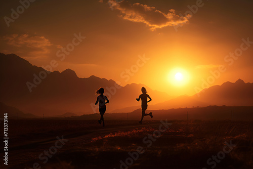 silhouette of man and woman jogging with sunset over the field  selective focus   