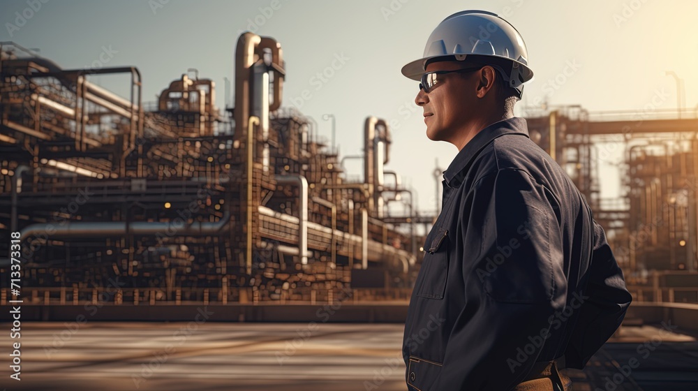 A professional engineer in safety gear proudly surveys the vast pipes and towers of an industrial facility during golden hour.