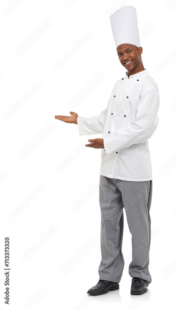 Cooking, portrait and black man chef with hand pointing to studio for checklist, menu or promo on white background. Bakery, presentation or face of male baker showing food tips, guide or sign up info Cooking, portrait and black man chef with hand pointing to studio for checklist, menu or promo on white background. Bakery, presentation or face of male baker showing food tips, guide or sign up info