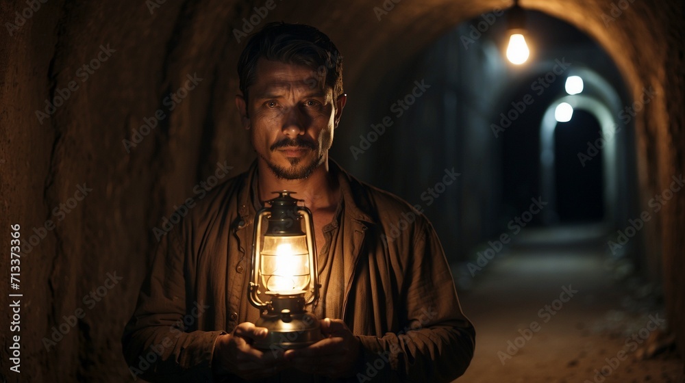 Person with kerosene lamp at tunnel 