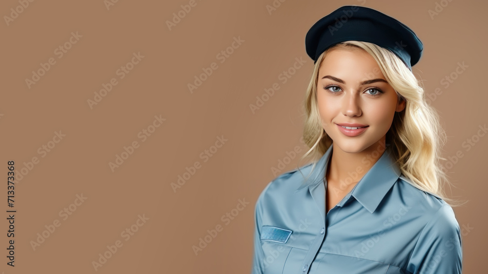 Blonde woman in postal officer uniform isolated on pastel background Blonde woman in postal officer uniform isolated on pastel background