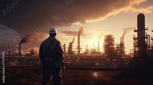 An engineer in a hard hat stands contemplating a petrochemical plant, with the backdrop of a dramatic sunset sky and industrial emissions. © Rattanathip