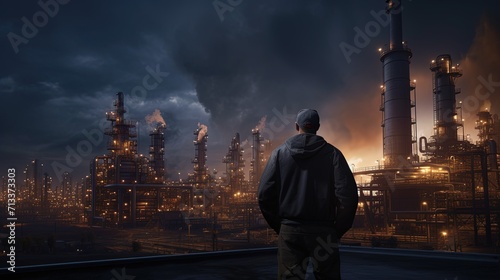 A solitary figure stands against a dramatic sky, overlooking the complex structures of an industrial refinery illuminated at twilight.