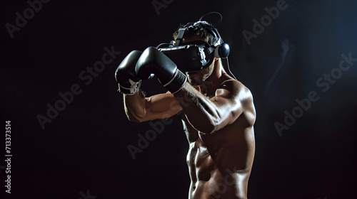 Photograph of one man boxing wearing a VR headset.