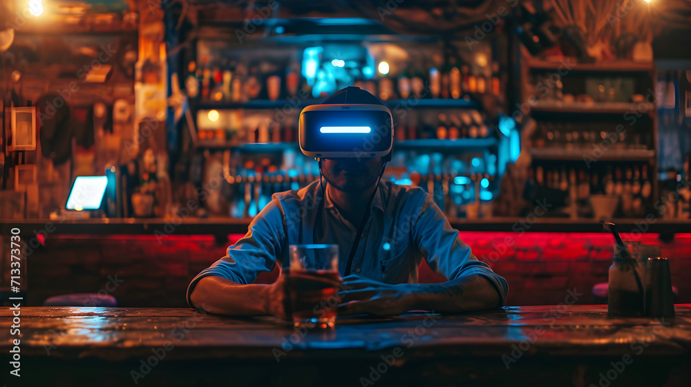 Photograph of one man at a bar having a drink wearing a VR headset. - obrazy, fototapety, plakaty 