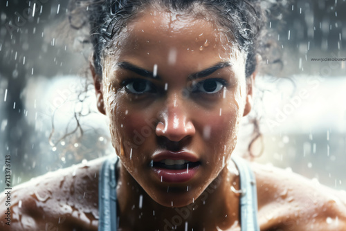 woman running in the rain  in the style of detailed facial features  close up