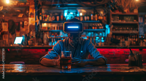 Photograph of one man at a bar having a drink wearing a VR headset. photo