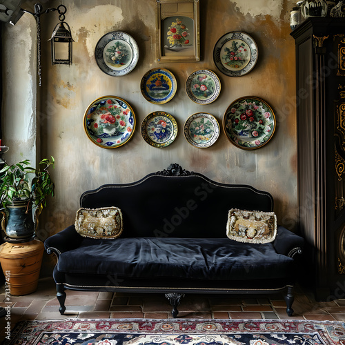 Antique artistic dark interior with black sofa, soft natural pastel colors, porcelain plates on wall, spanish coloni. 3d render. photo