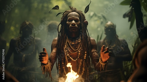 An African shaman in the Amazon forests in the process of ritual and shamanism, communicating with the spirits of nature