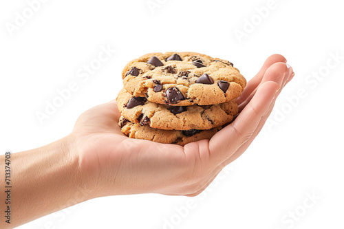 woman's hand holding a chocolate chip cookies isolated on a transparent background