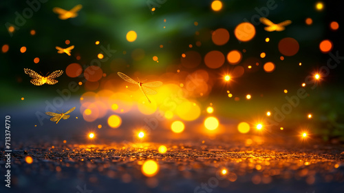 Magical fireflies glow brightly as they fly above a dark road at twilight, creating a fairytale-like atmosphere