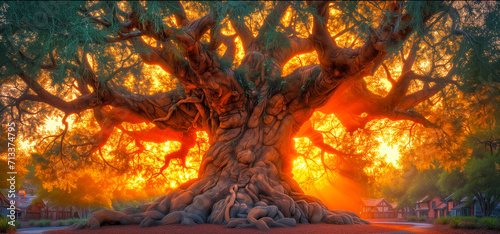 enormous tree with thick, twisted roots spreads its branches over a park, glowing with the light of the setting sun