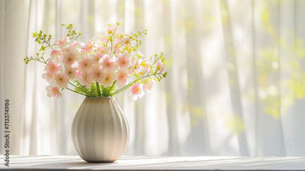 White and pink Tulips in Vase with Warm Sunlight, copy space White and pink Tulips in Vase with Warm Sunlight, copy space