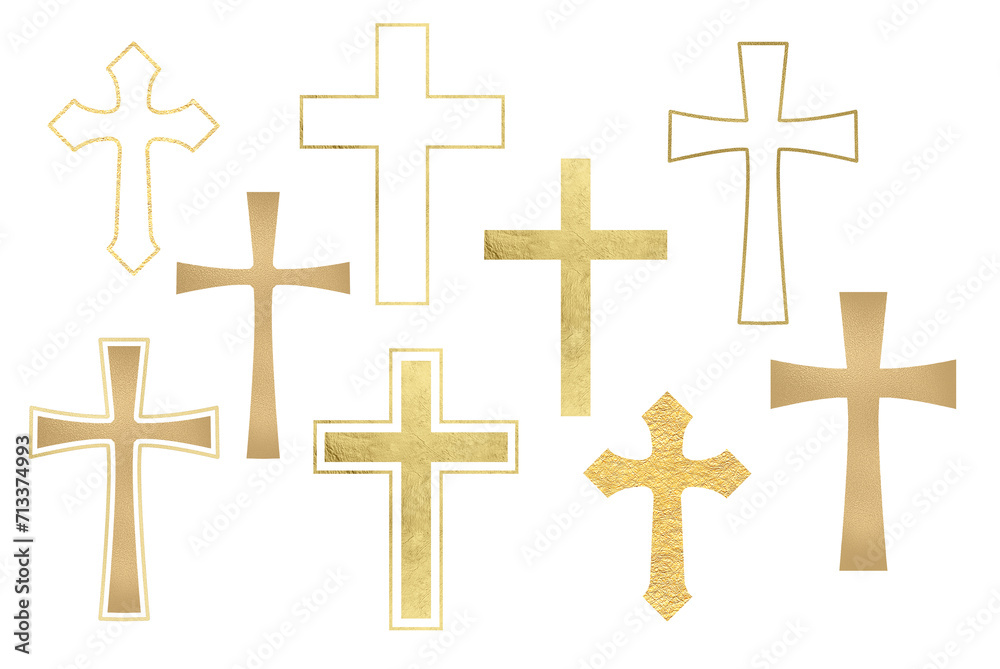 Set of gold religious crosses on a transparent background. Illustrations gold Christian cross. Catholic or orthodox symbol for Easter