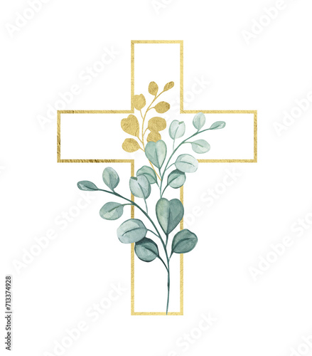 Religious crosses on a transparent background. Watercolor illustrations gold Christian cross with floral. The hand-painted catholic or orthodox symbol for Easter