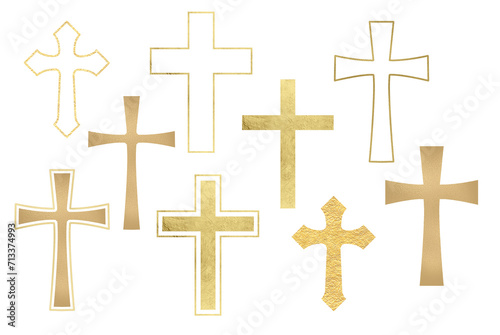 Set of gold religious crosses on a transparent background. Illustrations gold Christian cross. Catholic or orthodox symbol for Easter