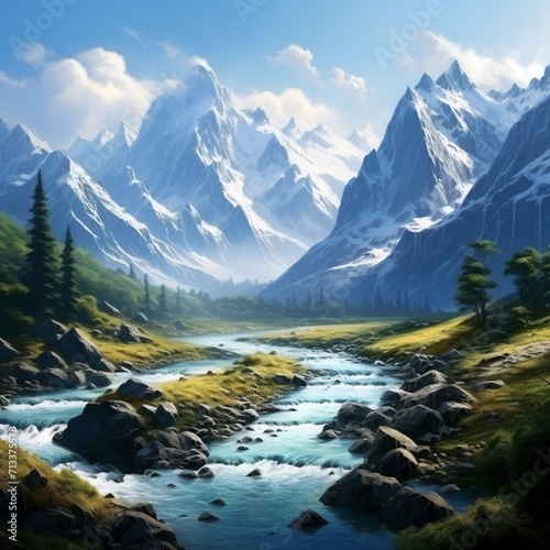 Very nice mountains rivers images Generative AI