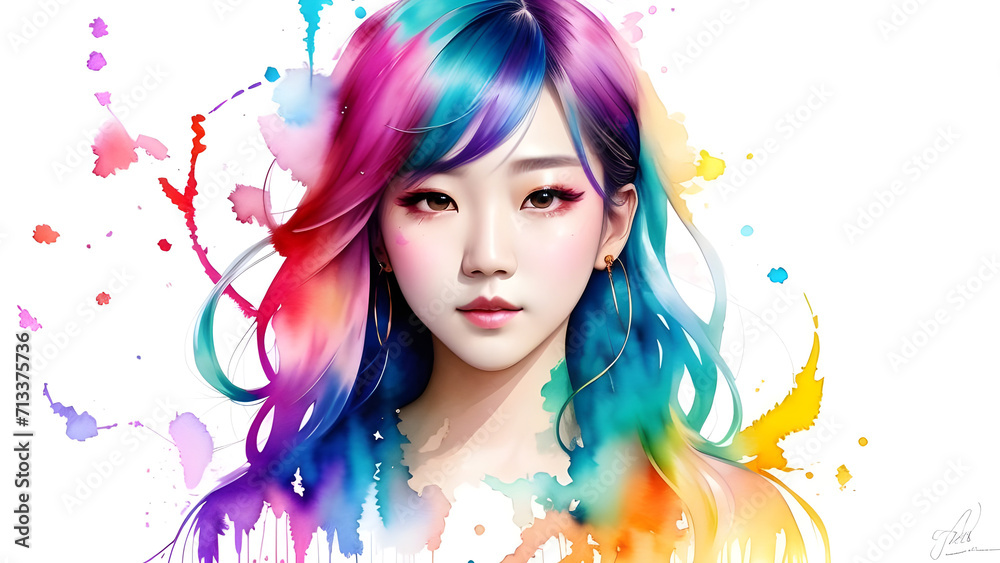 Fototapeta premium a close up of a person with colorful hair and a white background colorful art