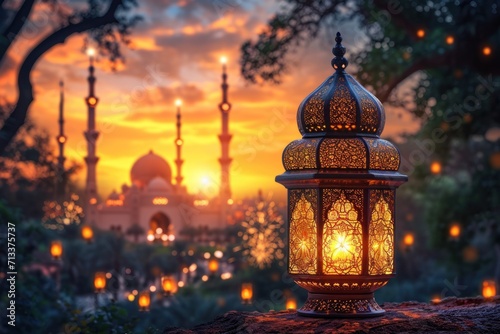 Majestic Lamp Centerpiece Mosque Holy Gate Silhouette © sebelum