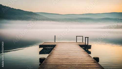 A straight flat simplistic rectangular lake dock. beautiful sunrise, foggy. calm water. Nature relax wallpaper. Ai Generated © Alanh
