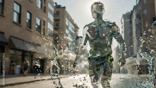 transparent man made of water walks through the city, water flows from him in drops