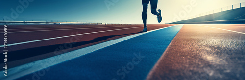 a person is running on a big race track  in the style of indigo and cyan  split toning  close-up  contrasting shadows  wimmelbilder  realist detail  stylish