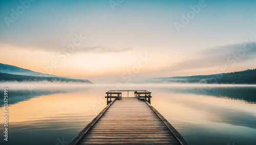 A straight flat simplistic rectangular, lake dock. beautiful sunrise, foggy. calm water. Nature relax wallpaper photo