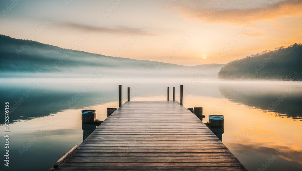straight flat simplistic rectangular lake dock, beautiful sunrise, foggy. calm water. Nature relax wallpaper - obrazy, fototapety, plakaty 