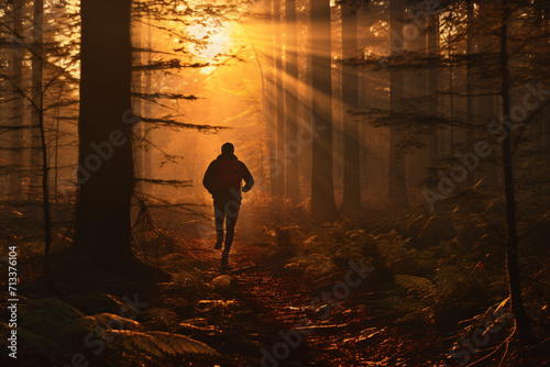 a man running in the forest at sunset, in the style of photorealistic detail, shaped canvas, wimmelbilder, pentax k1000, landscape-focused, warmcore, traditional


 photo