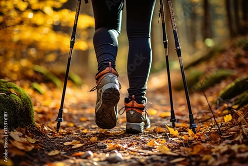 Close-up of legs of person in hiking shoes walking in the forest, using hiking stick