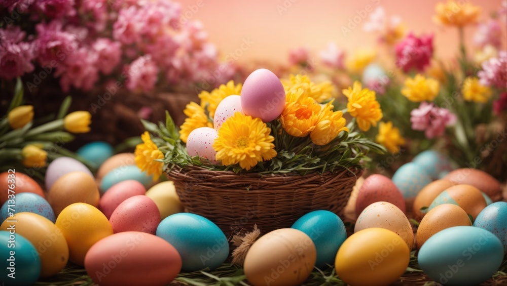 Easter eggs and flowers in basket on wooden background. Happy Easter