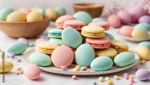 Colorful macarons and pastel colored dragee