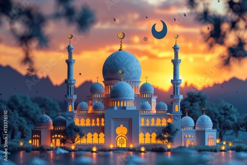 Modern 3D Rendition Sleek Mosque Silhouette in Dynamic Motion
