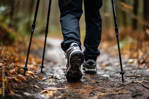 Close-up of legs of person in hiking shoes walking in the forest, using hiking stick