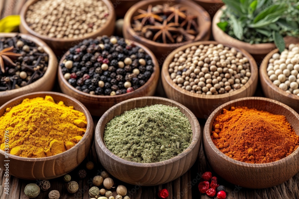 A collection of exotic spices and herbs in small bowls.