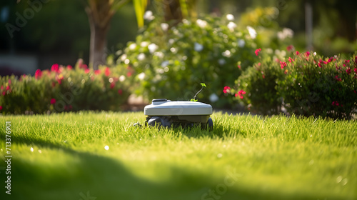 Un arroseur automatique qui arrose la pelouse d'un jardin. photo