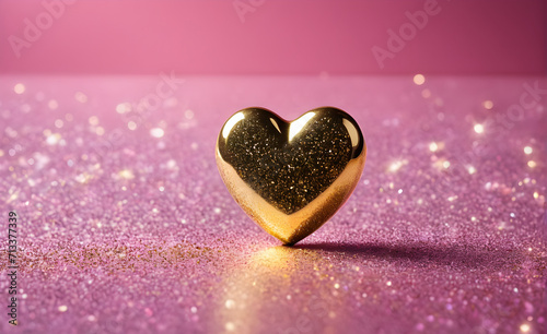 A small gold heart on a sparkling soft pink background. Generative AI