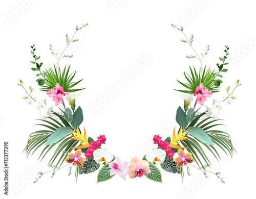 Tropical flowers and leaves vector design card. White orchid, strelitzia, canna, bougainvillea, monstera, jungle palm leaves photo