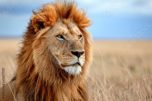 A regal lion with a magnificent mane, isolated on a savannah background