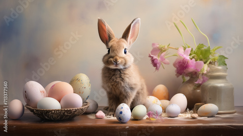 Easter - Cute Bunny In Sunny Garden With Eggs, ,Generative Ai