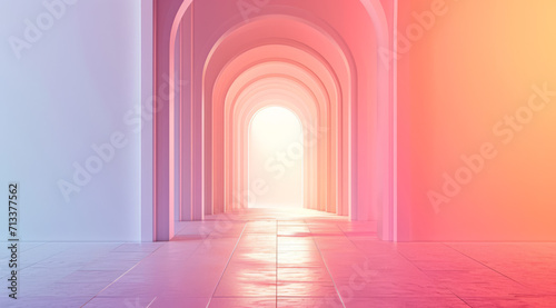 A futuristic archway background, framed by pink coral walls.