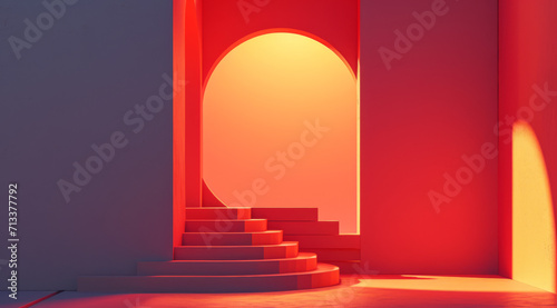 A futuristic archway background, framed by red walls.