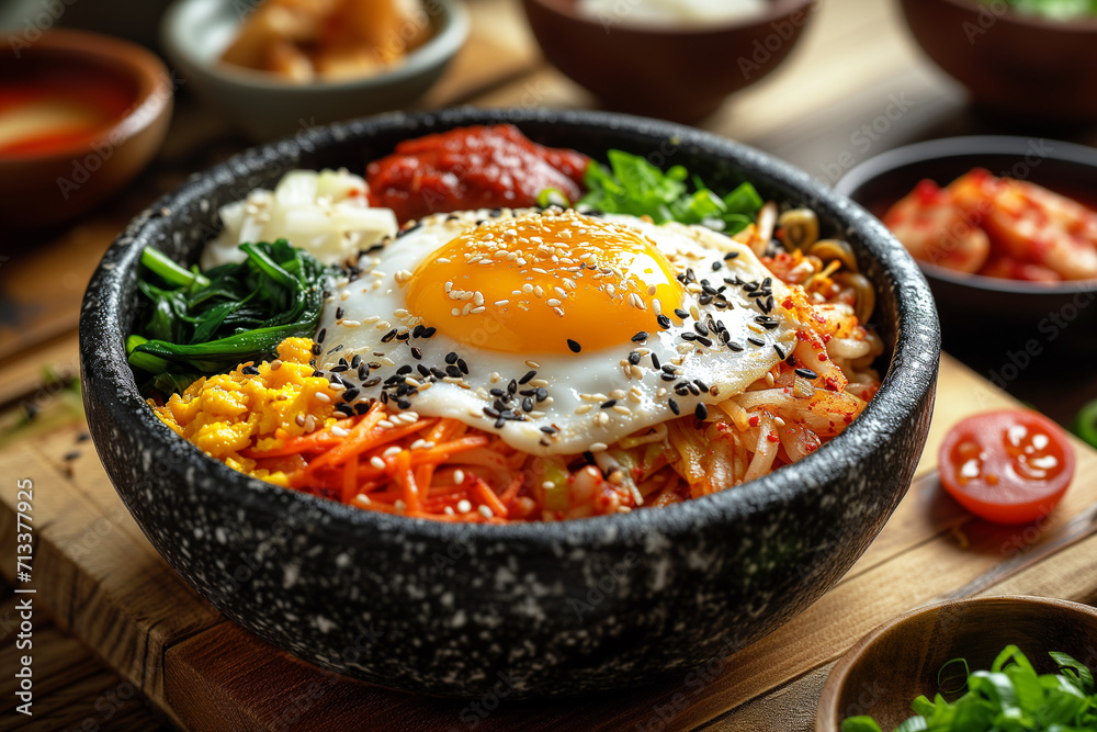 Styled, neatly looking Korean Bibimbap, high end food photography - Generative AI