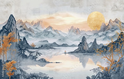 Chinese scenic lake wall tapestry wallpaper with mountains, in the style of light gray light amber, art elements, detailed hunting scenes, elegant calligraphy, dark gold silver, realistic naturalism.