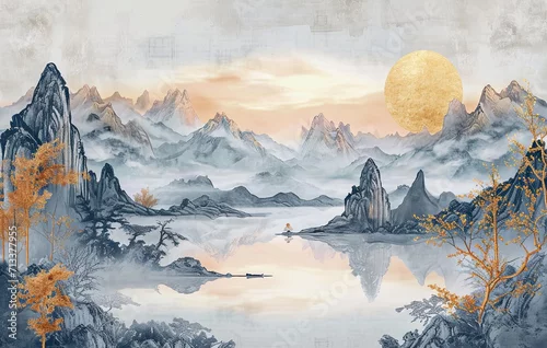 Obraz Chinese scenic lake wall tapestry wallpaper with mountains, in the style of light gray light amber, art elements, detailed hunting scenes, elegant calligraphy, dark gold silver, realistic naturalism.
