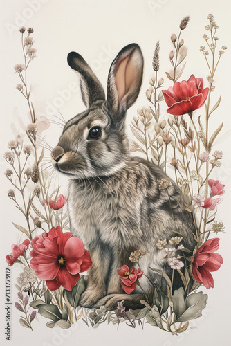 Botanical sketch of a rabbit in a flower field - Generative AI