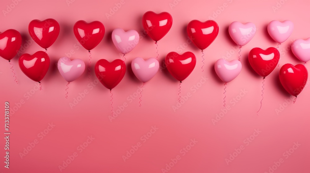 Pink and red heart shaped balloons on trendy color pastel background with empty space generated AI, Horizontal greeting card. Pink and red heart shaped balloons on trendy color pastel background with empty space generated AI, Horizontal greeting card.